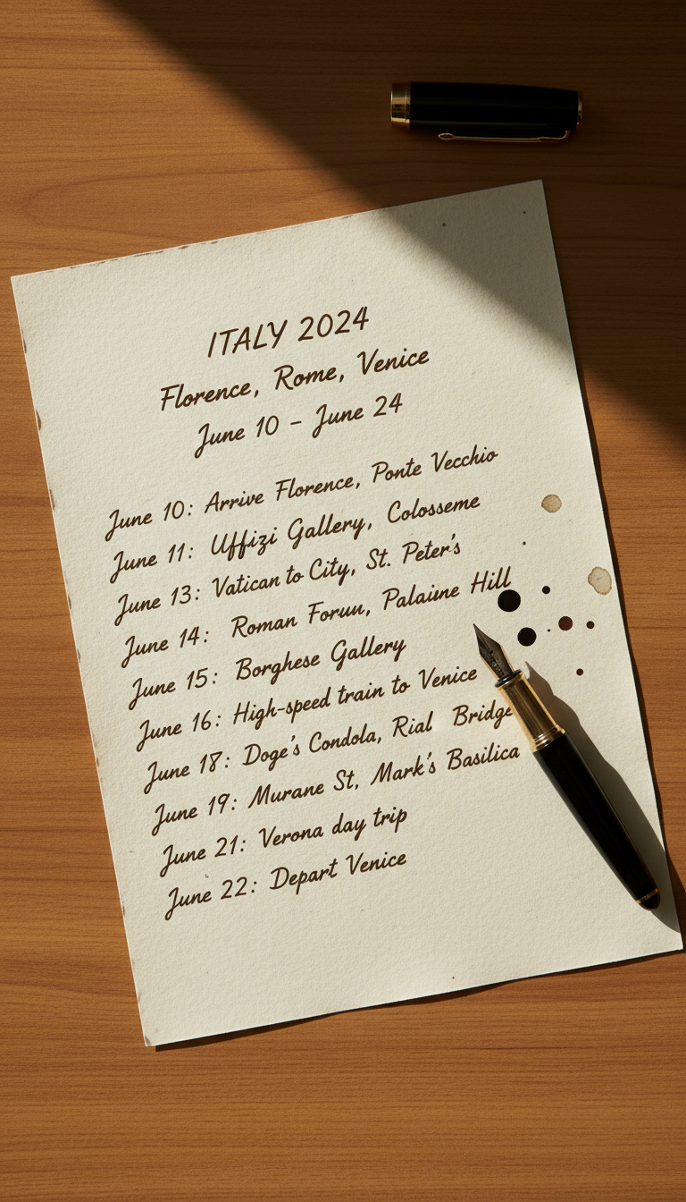 Careful scheduling is the first step toward a stress-free long vacation. A handwritten travel itinerary on a wooden desk with a fountain pen, illuminated by natural window light.