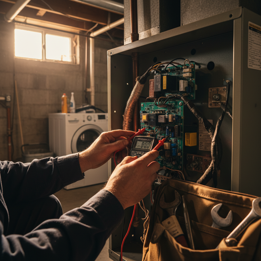 Modern heat pumps rely on sophisticated electronics to manage energy efficiency in cold weather. Technician using a multimeter to test electrical connections on a complex heating system control board.