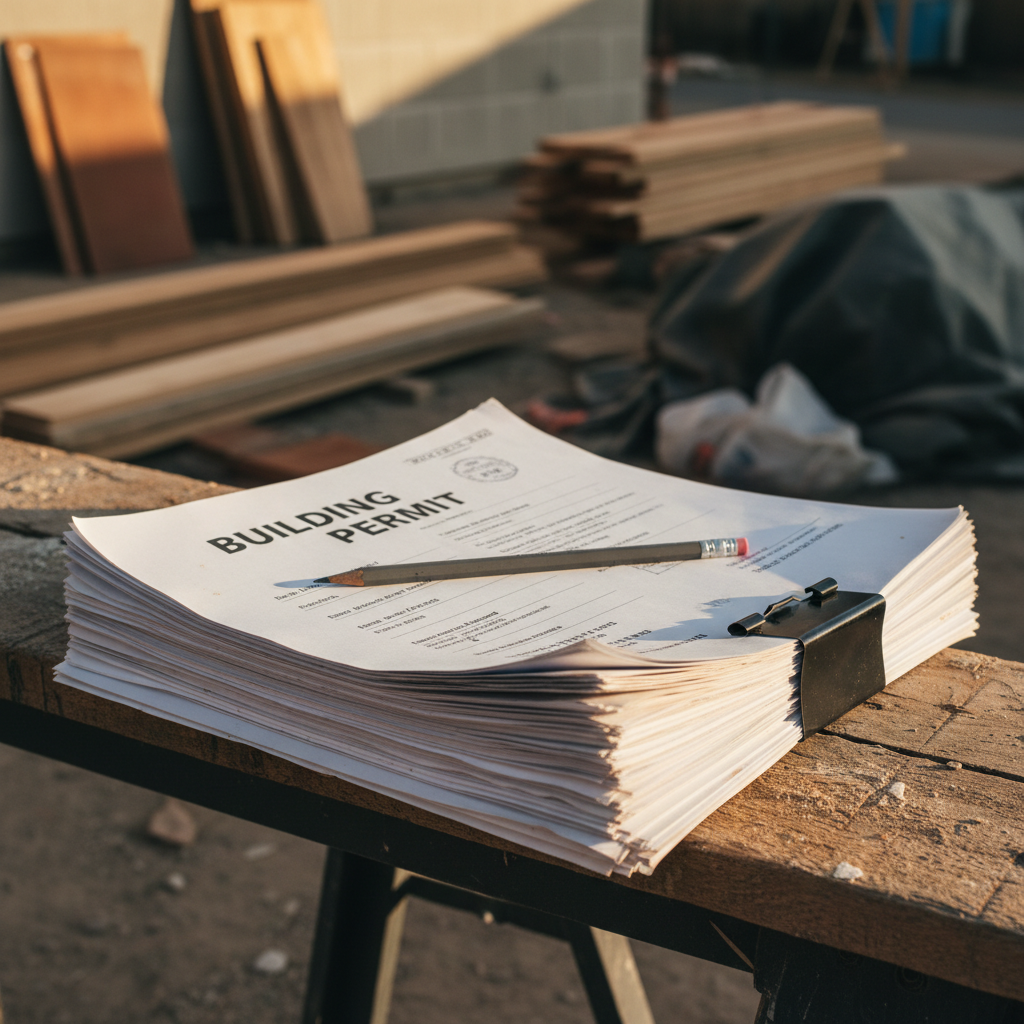 Staying compliant with Title 24 ensures your home meets modern energy efficiency standards in California. A stack of building permit documents on a construction site representing compliance with California Title 24.