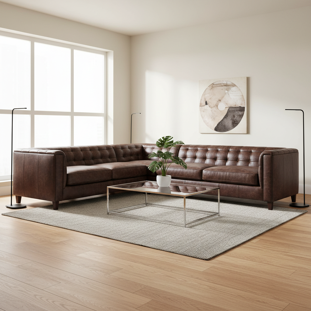 Quality furniture pieces offer significant margin opportunities for retail shops. Dark brown tufted leather sectional sofa with a glass-top coffee table and decor.