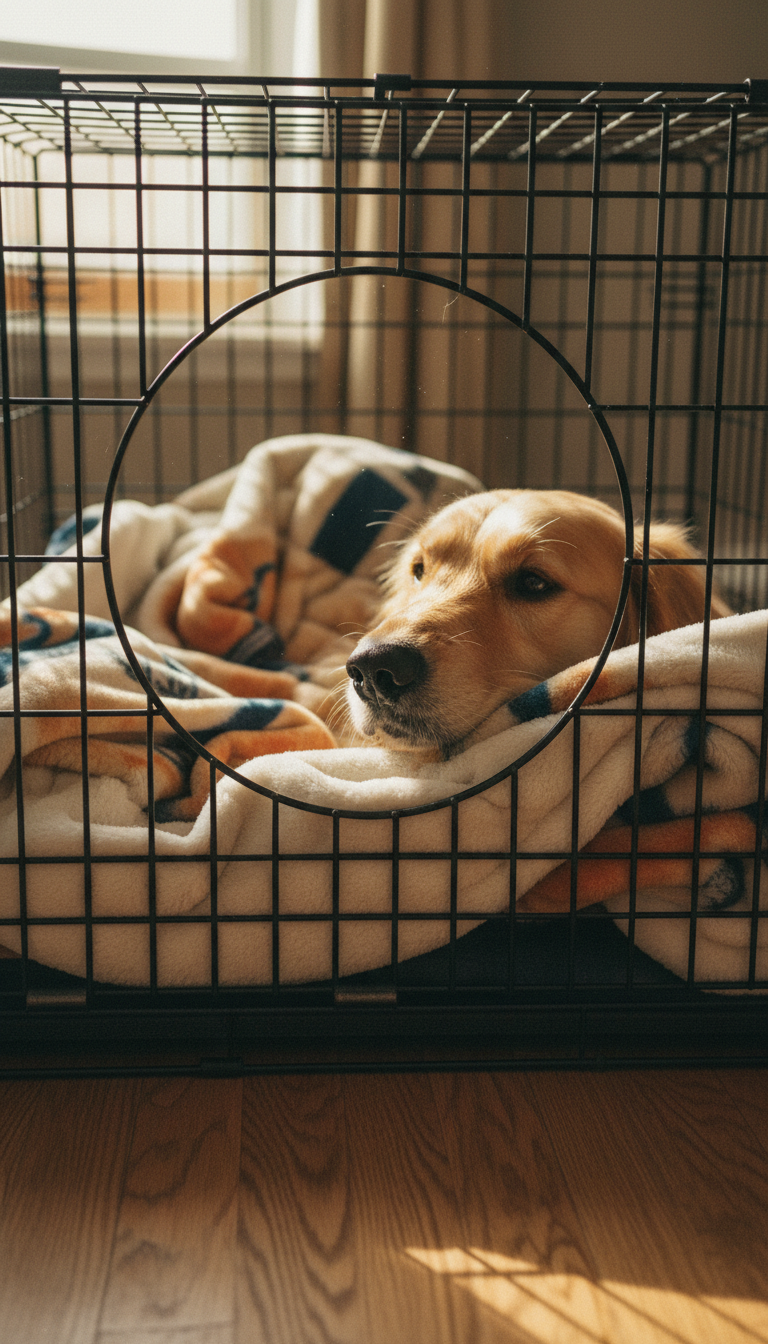Dog nose peeking out from travel crate with soft lighting