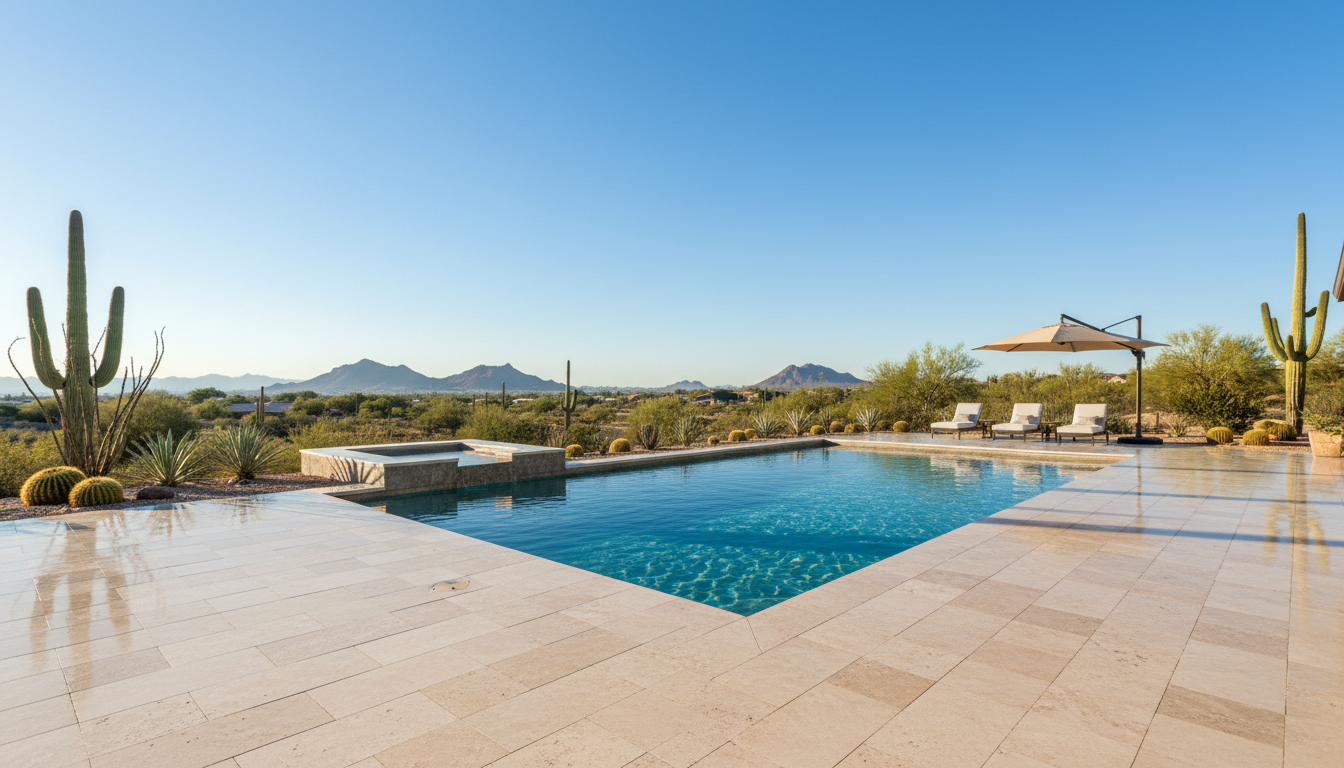 Effective drainage prevents water damage and shifting in high end travertine installations. Clean sealed travertine pool deck in a desert backyard showing proper slope and drainage.
