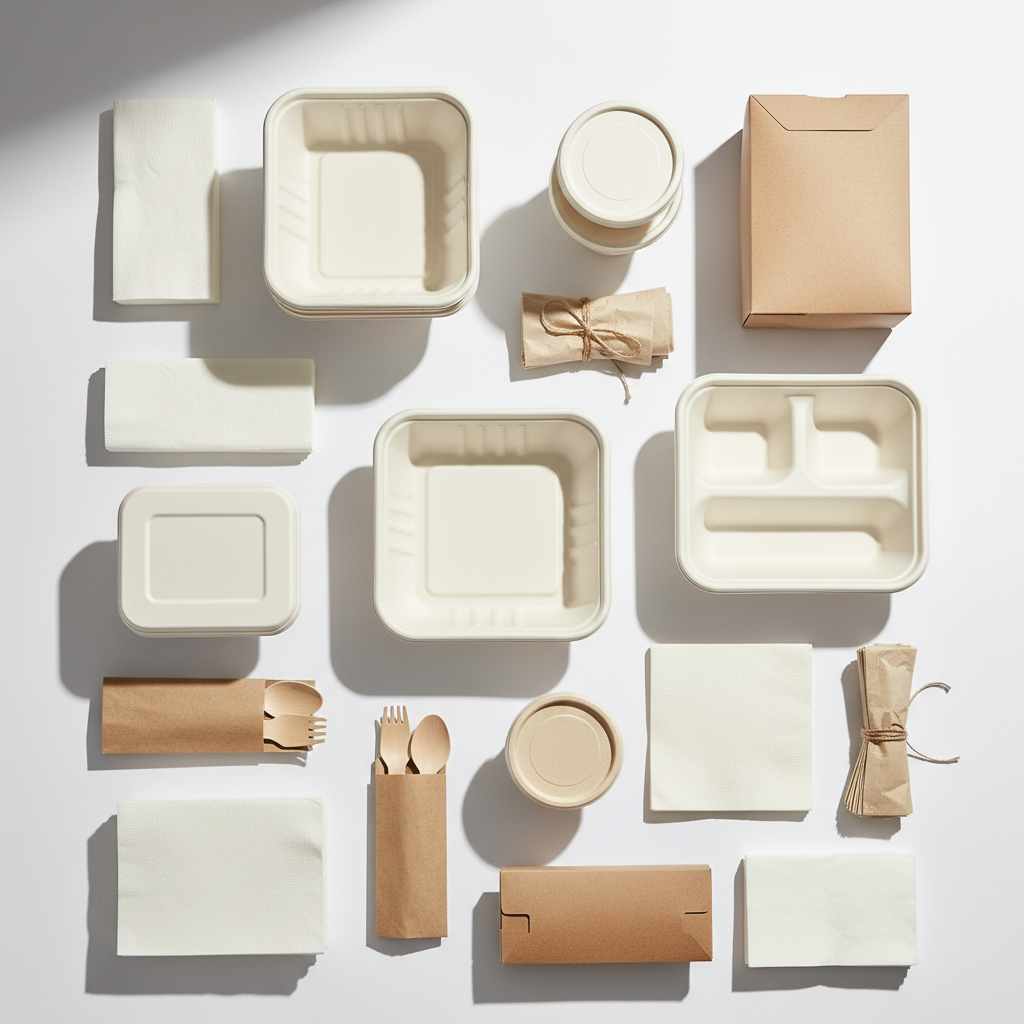 A variety of disposables are necessary to ensure a seamless customer experience from first bite to last. Overhead flat-lay of stacked white food containers, napkins, and various packaging supplies on a clean white surface.
