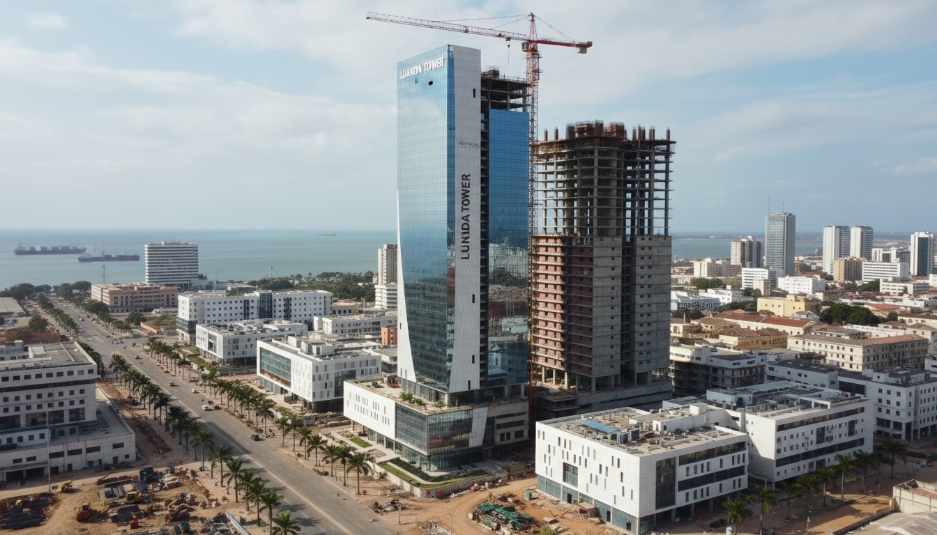 O crescimento urbano de Angola exige novas soluções para todas as faixas etárias. Desenvolvimento arquitetónico moderno em Luanda com gruas de construção e edifícios de vidro modernos.