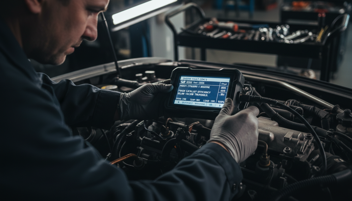 Modern car diagnostics allow technicians to speak the same language as your vehicle's computer. Technician hands using a diagnostic scanner to check engine fault codes on a modern vehicle engine bay.