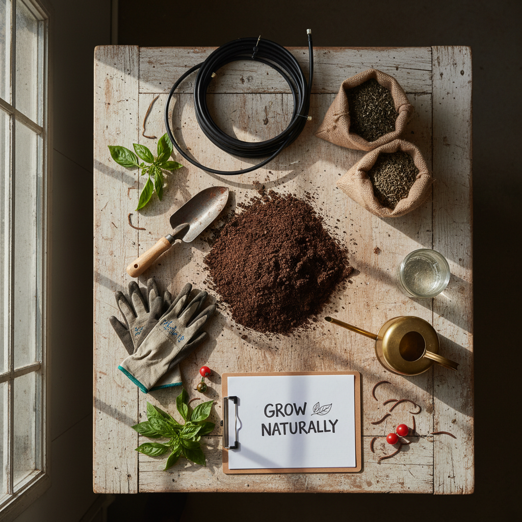 Micro Farm programs are designed for operations that prioritize diversity over massive monoculture scale. Flat-lay of sustainable farming tools and natural soil amendments on a wooden surface, symbolizing small-scale diversified operations.