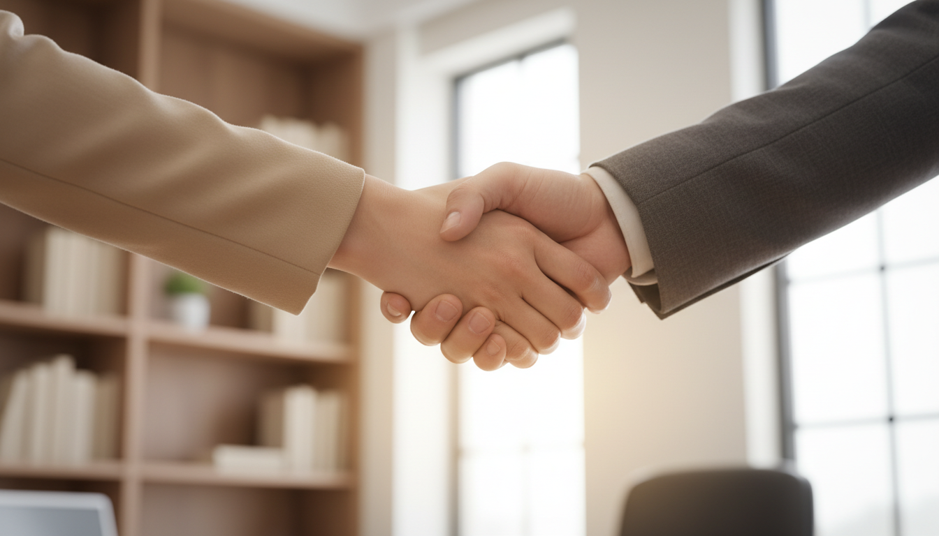 Trust and transparency are the foundations of a successful executive placement. A professional handshake between two people in a warm, neutral-toned office, symbolizing a transparent and successful hiring agreement.