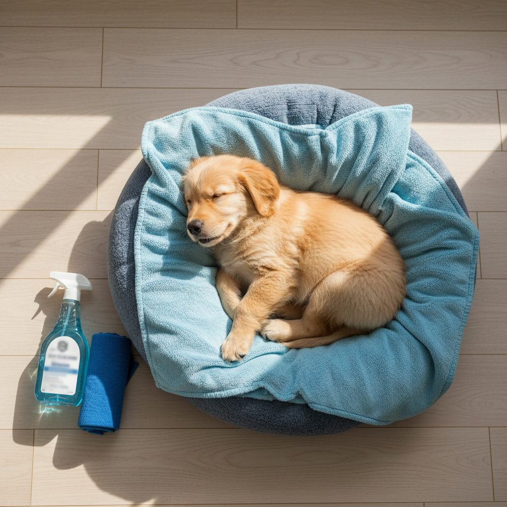 Pet-friendly homes require specialized cleaning techniques to ensure all hair and odors are removed. A golden retriever puppy lying on a soft blue dog bed next to a cleaning spray bottle and microfiber cloth.
