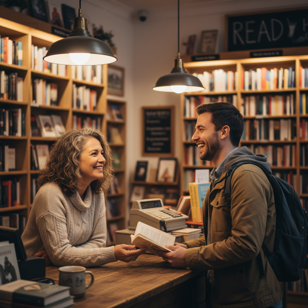 Personal recommendations from our staff help you find books the algorithms might miss. A bookstore staff member and a customer engaged in a friendly conversation about a specific book.