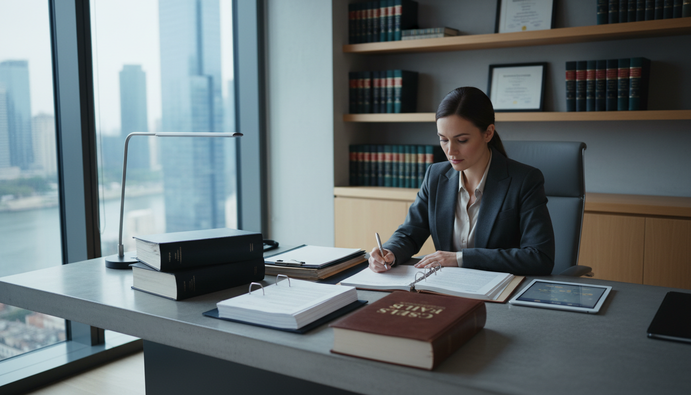 UK solicitor reviewing documents in office
