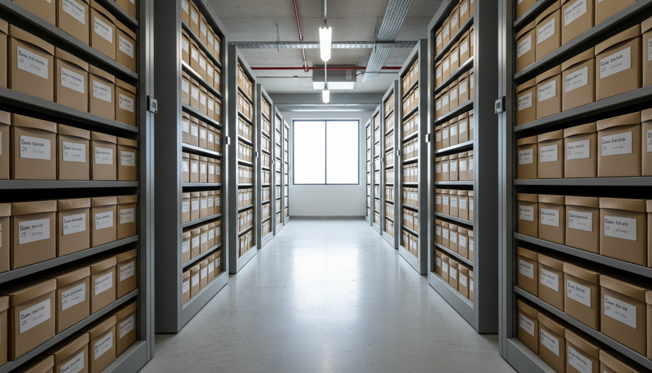 Mobile compactors maximize storage efficiency, reducing the total carbon footprint of the office floor plate. High density mobile compactor shelving in a clean government archive room for space optimization