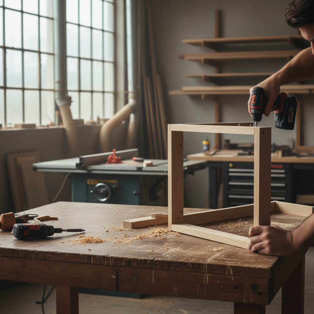 Custom-fabricated cabinets offer superior durability compared to mass-produced refacing kits. A craftsperson using precision tools to assemble cabinet frame components in a professional fabrication workshop.