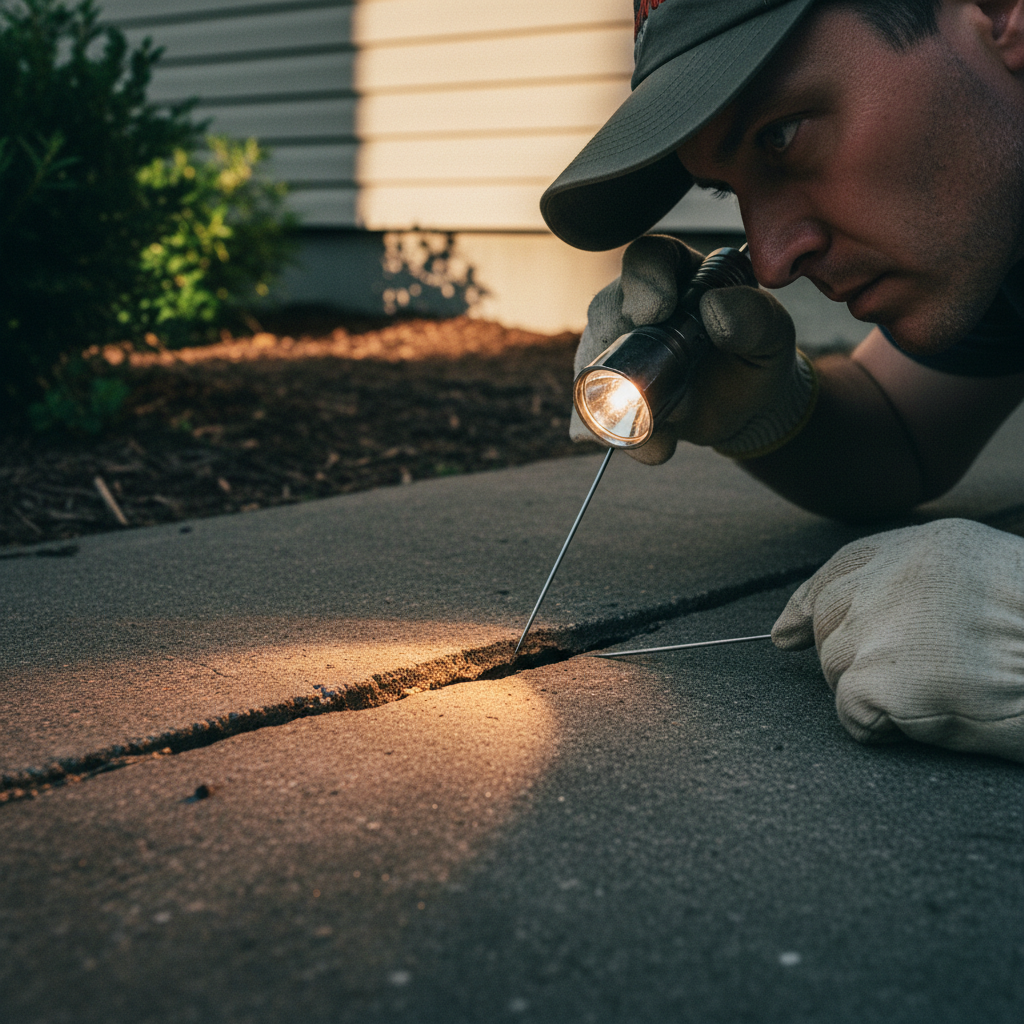 Thorough inspections help identify potential pest entry points before the spring surge begins. A close up of a technician's hands inspecting a residential foundation crack for pest entry points during the spring season.