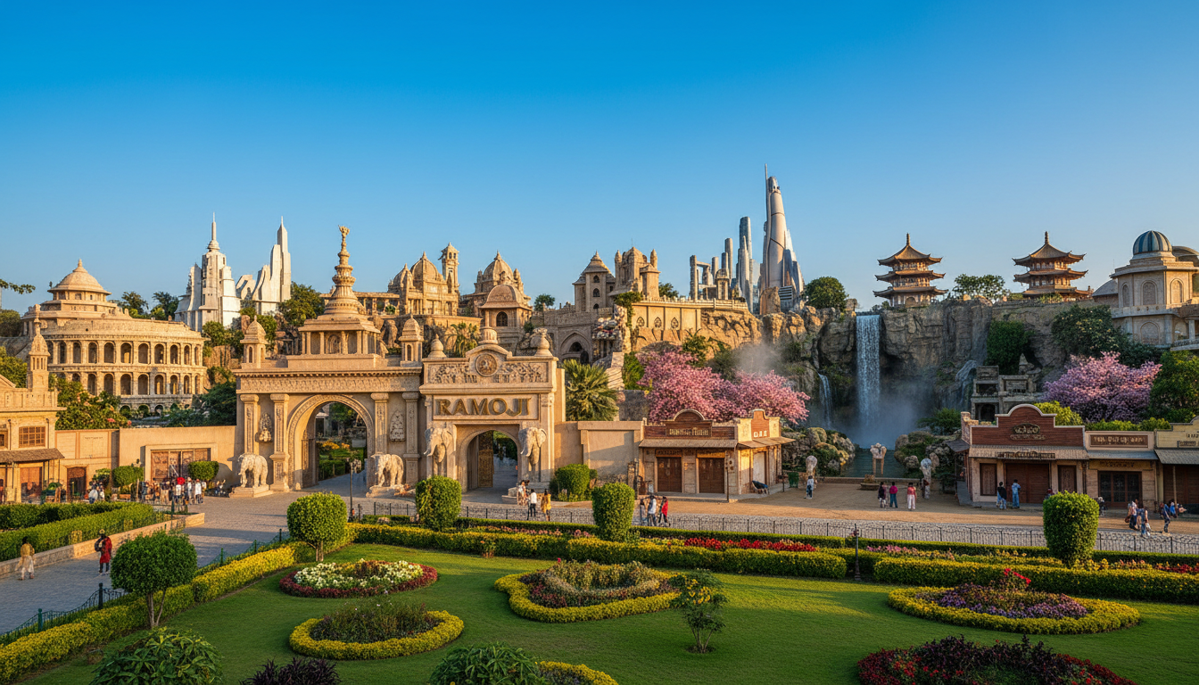 Booking your entry tickets for Ramoji Film City online can save significant time. Laptop screen showing flight and hotel booking for a trip to Hyderabad.