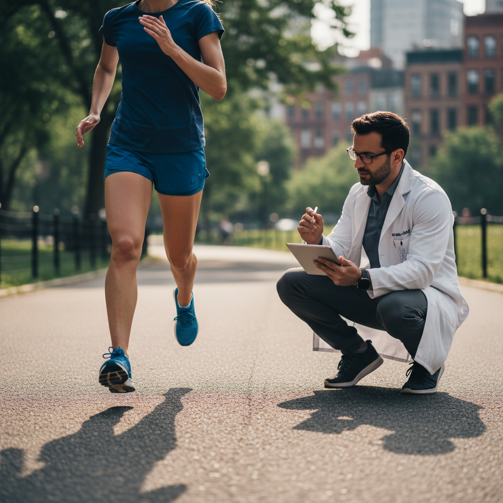 True gait analysis looks at the entire kinetic chain, from the foot strike to hip alignment. A biomechanics specialist observing a runner's stride from a side view in a park setting.