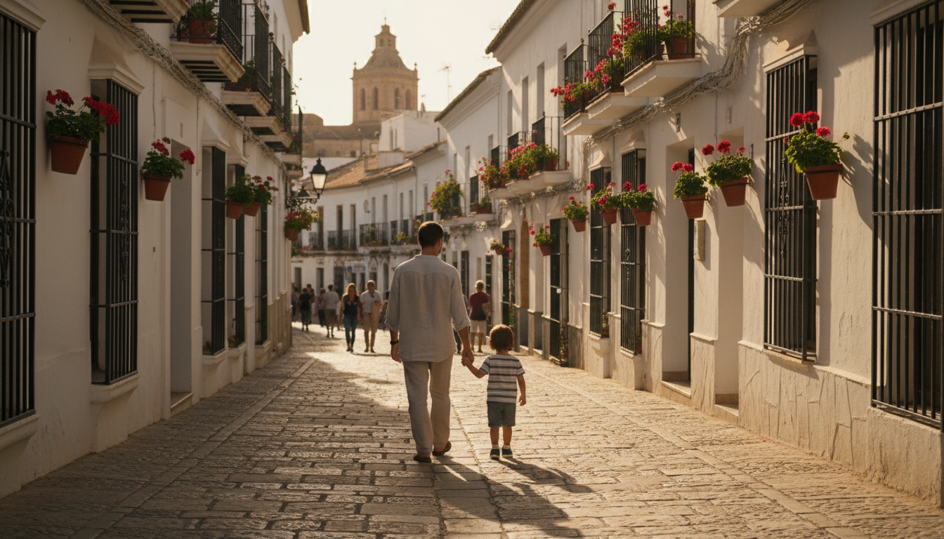 El bienestar del menor es el eje central de las solicitudes de arraigo familiar por hijos comunitarios. Padre e hijo caminando de la mano por una calle soleada en Madrid, representando el vínculo para el arraigo familiar.