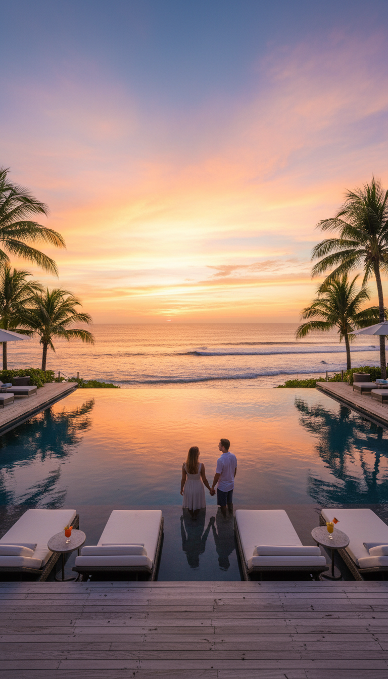 Wave Season often brings exclusive perks for luxury resorts that aren't available later in the year. Luxury resort infinity pool overlooking the ocean at golden hour with calm water.