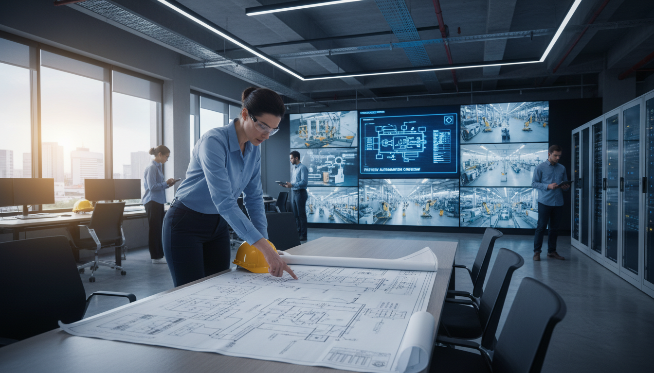 Bridging legacy hardware to modern AI requires meticulous architectural planning. Systems engineer reviewing industrial control system blueprints in a modern factory control room