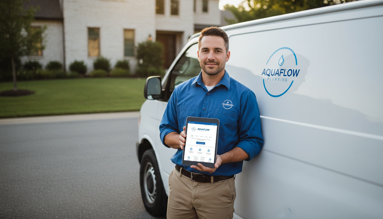 Mobile accessibility allows local service providers to connect with customers instantly from the field. A professional service provider standing by their work vehicle using a tablet to access their business website.
