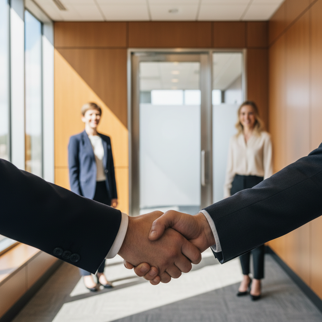Choosing the right partner means looking for shared values and a commitment to sustainability. A close-up of two business partners shaking hands in a professional, light-filled environment.