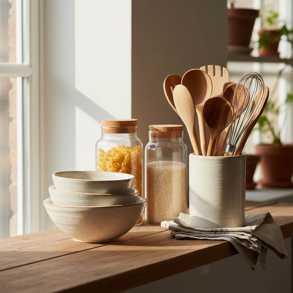 Quality kitchen basics like ceramics and wood utensils bring warmth to daily routines. A neatly organized kitchen shelf featuring ceramic bowls, glass jars, and wooden utensils in soft natural window light.