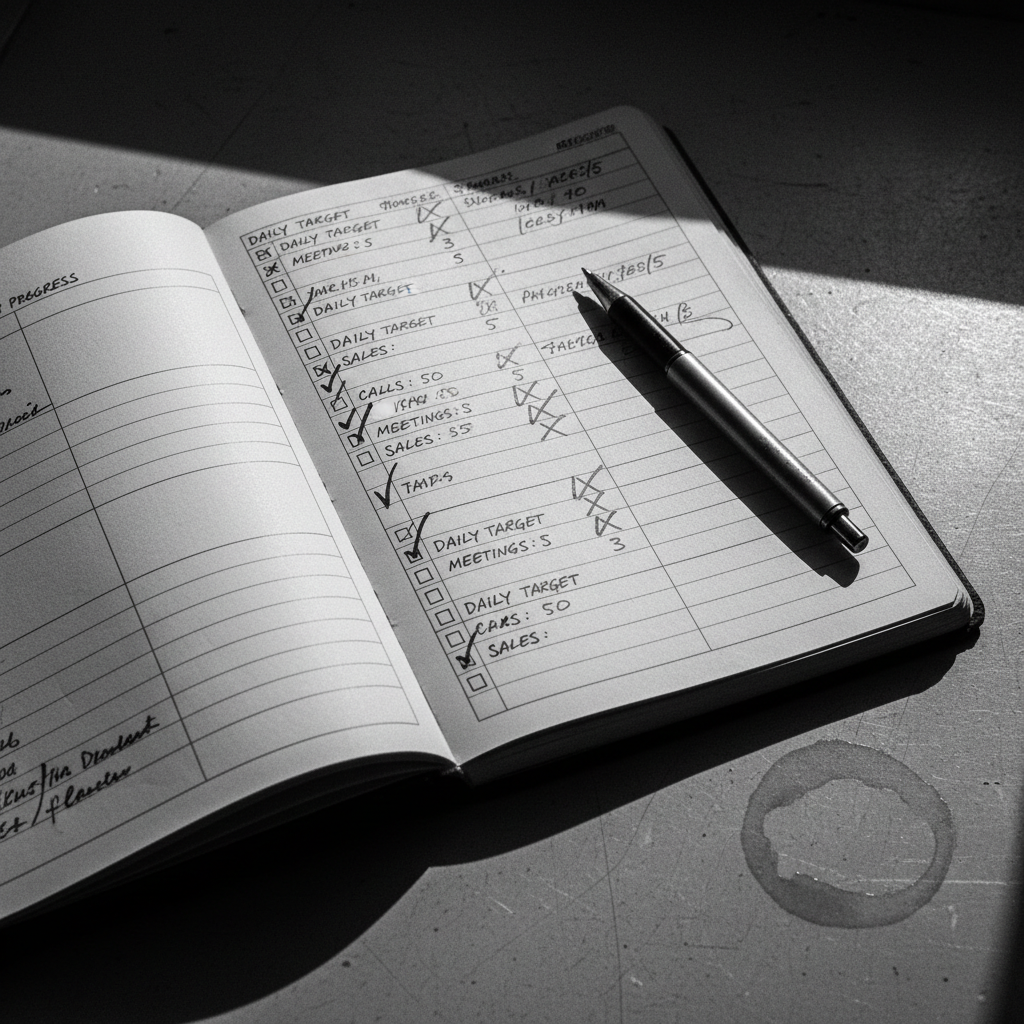 Daily standards are built on the physical act of tracking every lead and every action. Close up of a sales journal with handwritten checkmarks and daily targets under a harsh desk lamp.