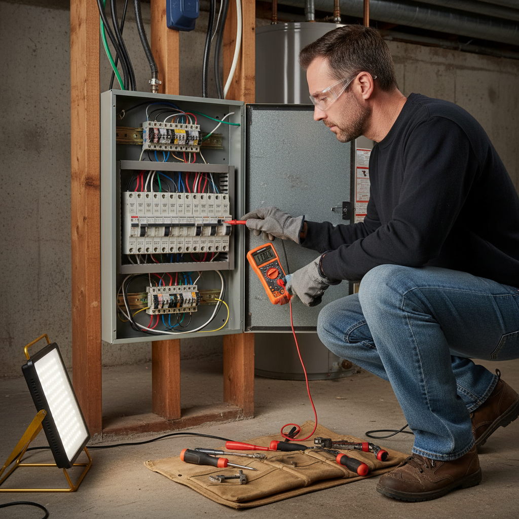 All external electrical installations must meet Part P building regulations for safety and compliance. A professional electrician in workwear using a multimeter to test electrical connections in a residential property.