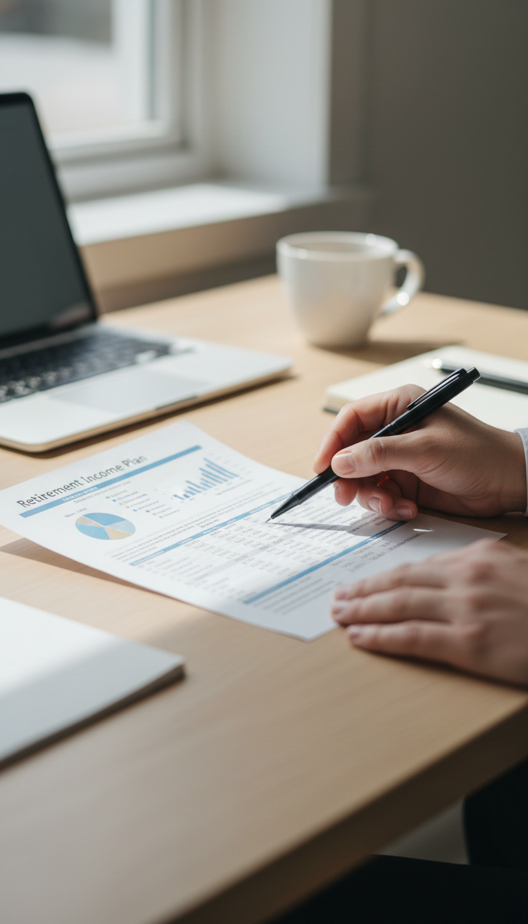 High earners must adapt to the new Roth mandate to maintain tax efficiency. An advisor's hands reviewing a printed retirement income plan document with charts and tables.
