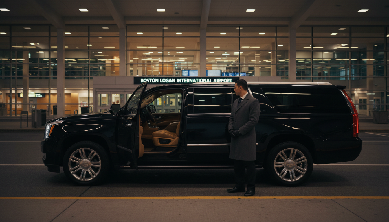 The Executive SUV offers a perfect balance of space and understated professional style. A black executive SUV parked at a Logan Airport terminal curb at twilight with the passenger door open.