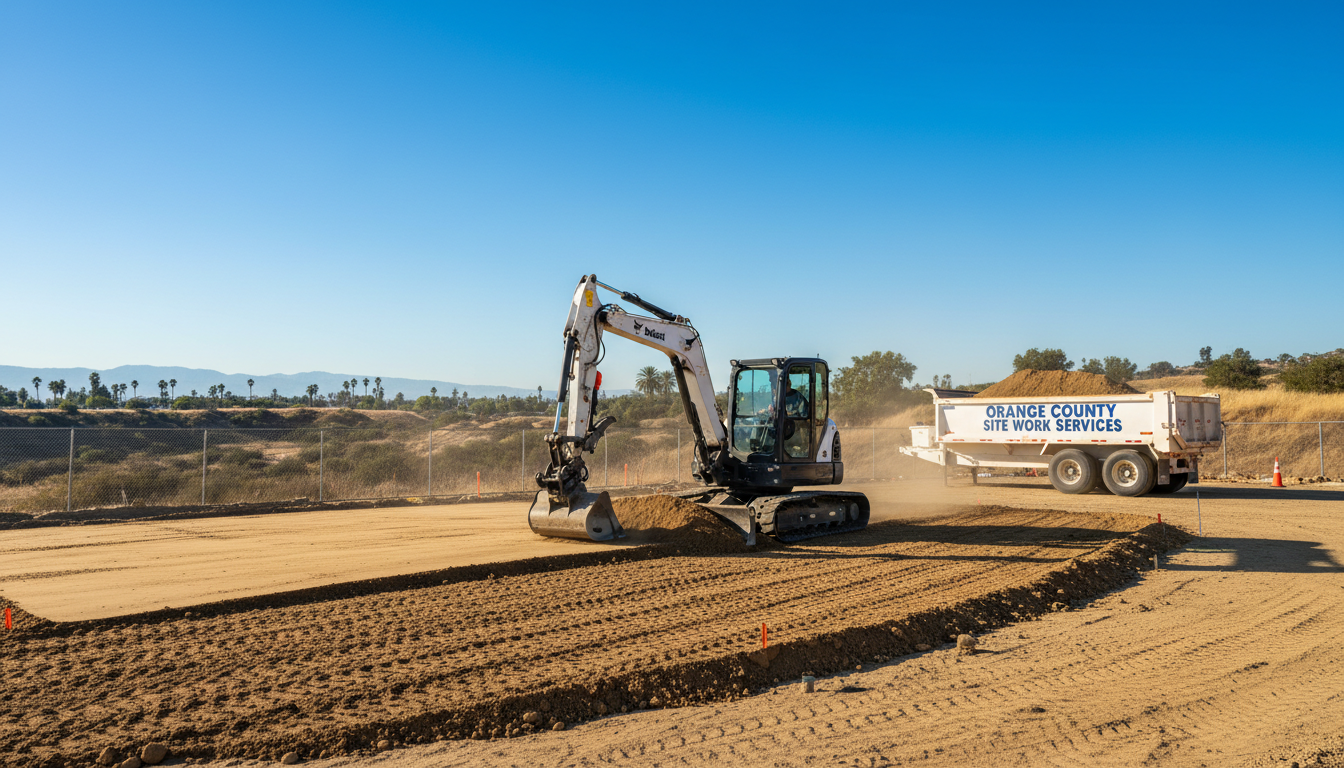Local Orange County projects often require compact equipment for efficient demolition in tight residential spaces. Bobcat excavator grading dirt on a sunny California construction site with a dump trailer in the background.