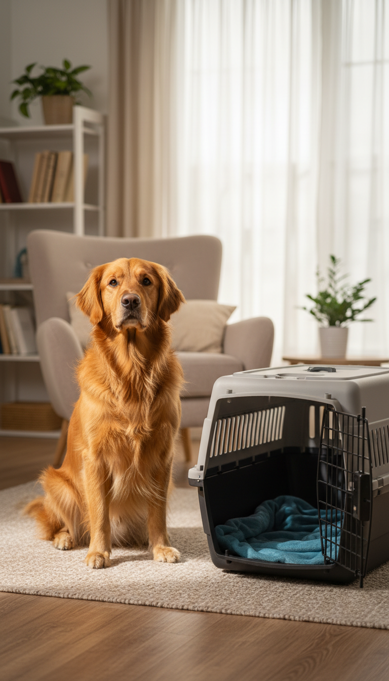 Dog waiting beside travel crate at home