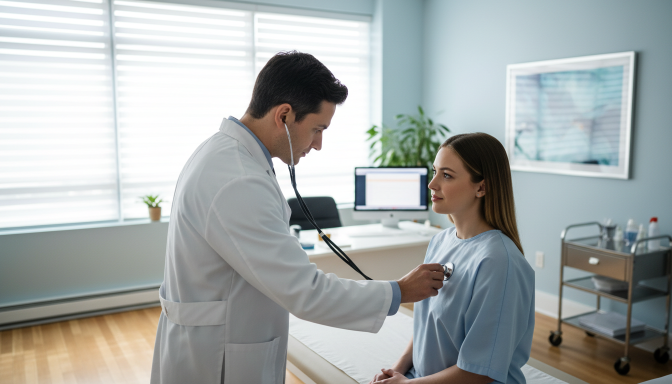 Early diagnosis through professional testing is critical for effective malaria treatment. A professional healthcare provider examining a patient with a stethoscope in a well lit medical room.