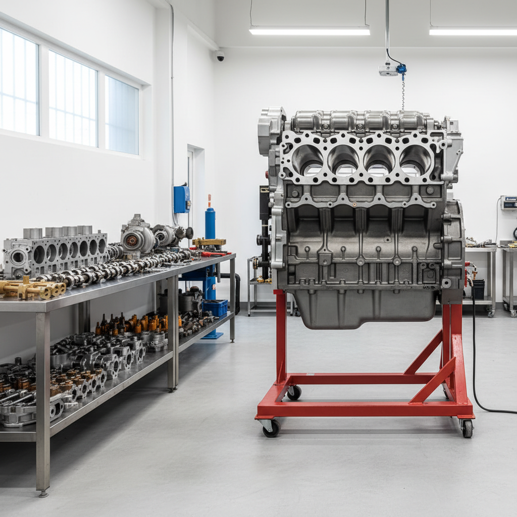 Quality machining of the block and heads ensures the engine meets original manufacturer specifications. A clean diesel engine block mounted on a stand in a workshop with machined cylinder heads nearby.