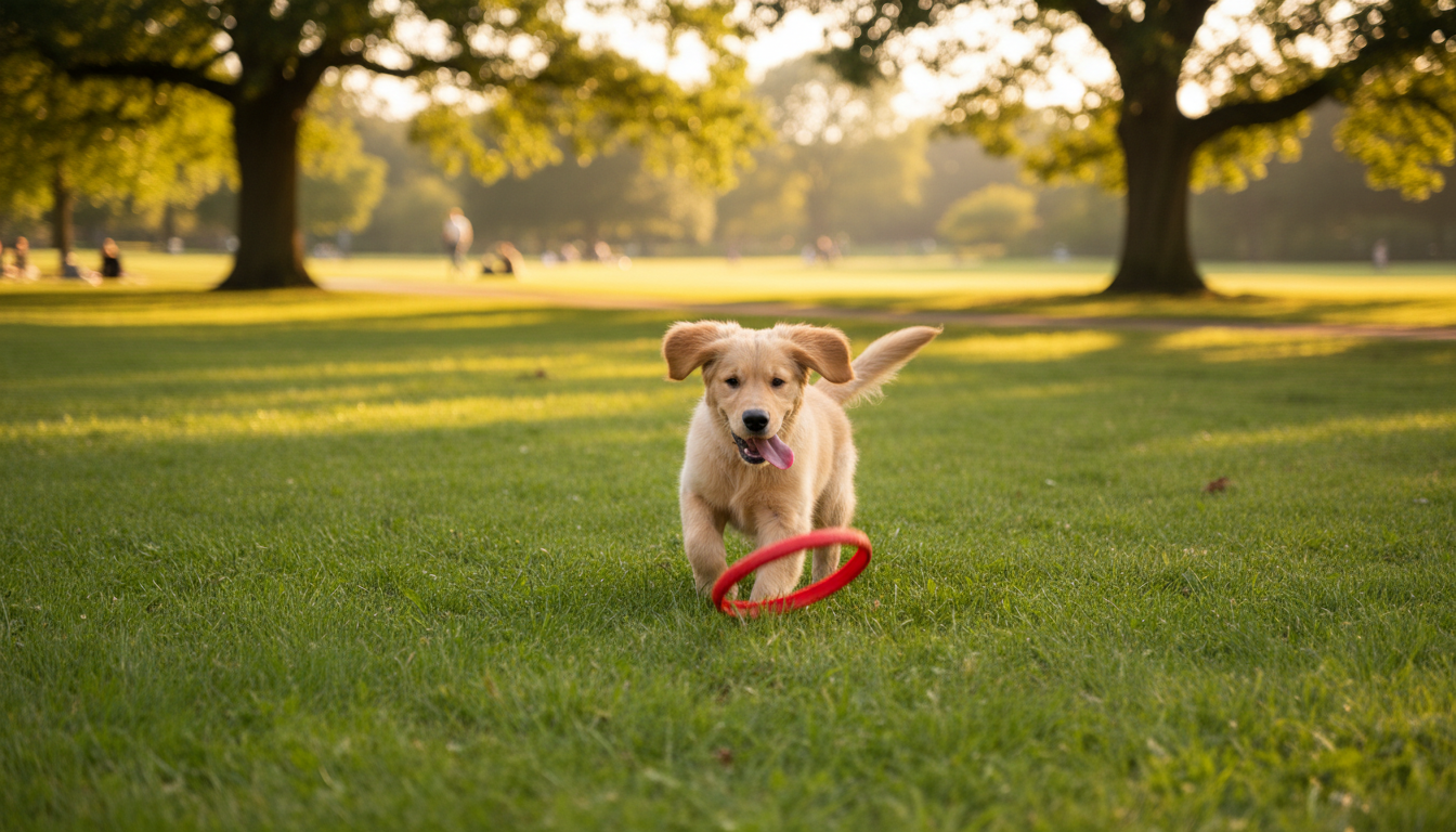 Controlled meetings with known, vaccinated dogs in safe spaces can benefit your puppy. A friendly puppy playing in a green park with warm sunlight, illustrating safe outdoor exposure.