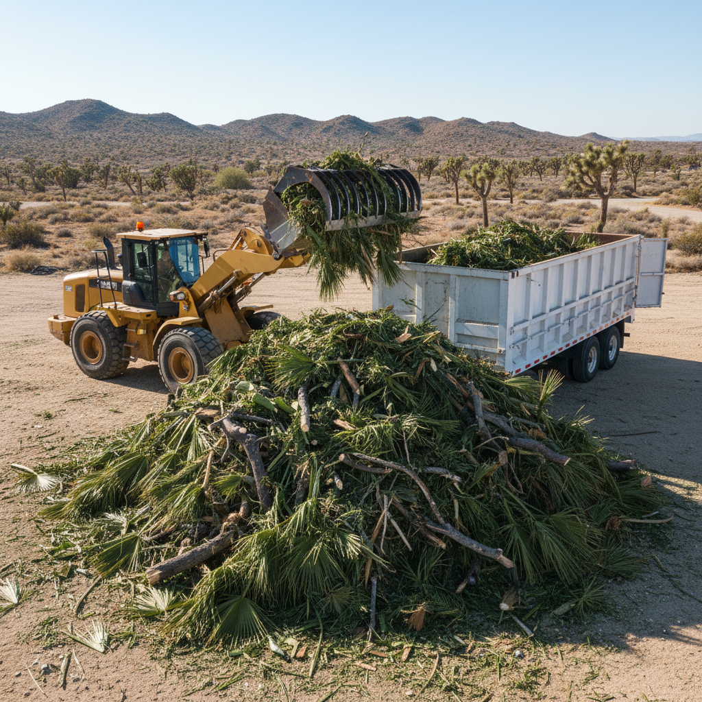 Yard waste like palm fronds requires specific handling and disposal in the Coachella Valley. Large pile of palm fronds and desert yard waste being loaded into a dump trailer for disposal.