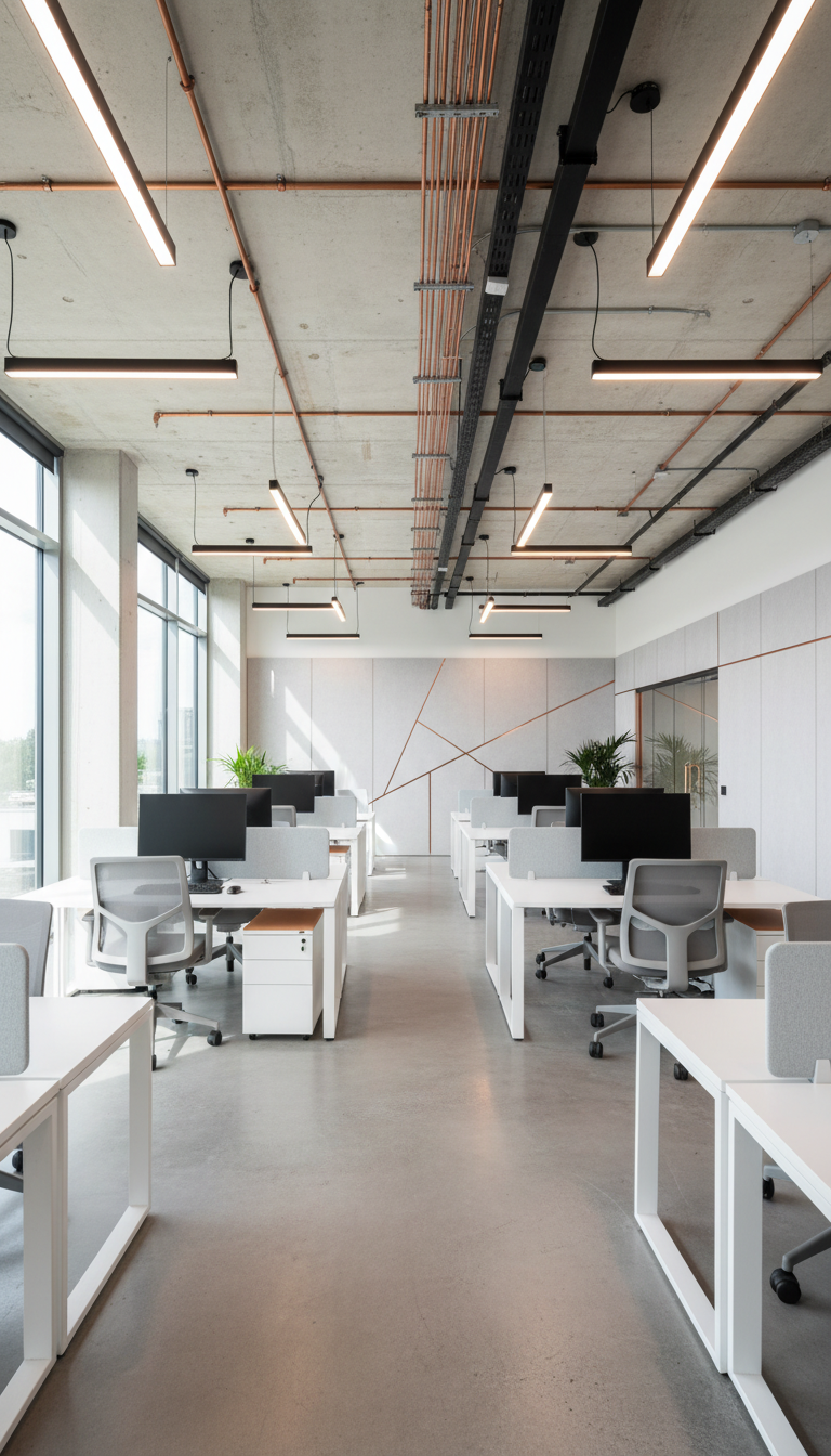 Commercial spaces require integrated fire safety solutions that meet specific Ontario Building Code standards. A modern open-plan office in Toronto with visible electrical conduit and lighting, prepared for fire safety systems.