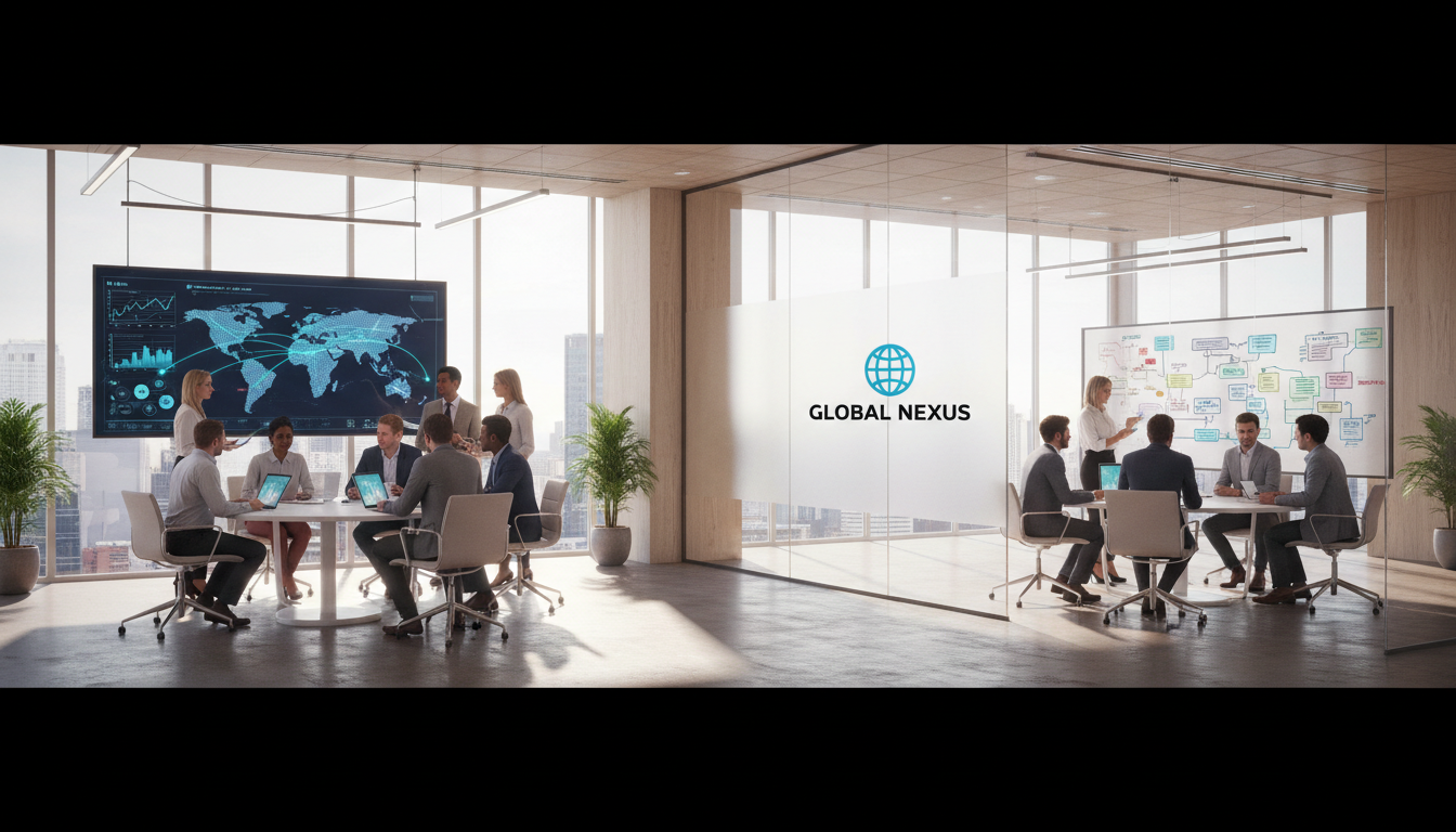 International talent hubs in Pakistan and the Philippines provide high quality backend support at a fraction of US costs. Global business professionals collaborating in a bright, modern contemporary workspace with a focus on teamwork.