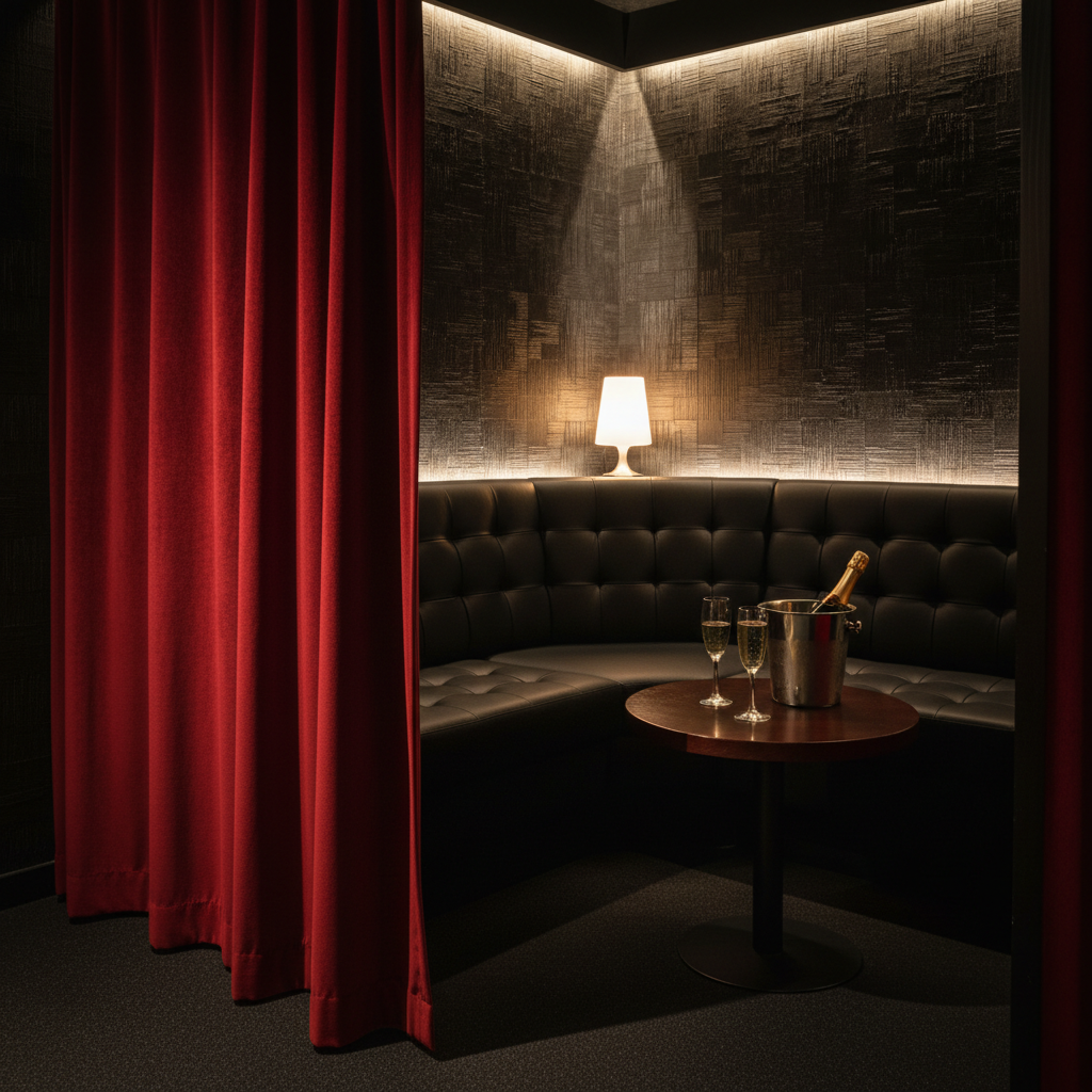 Discrezione e lusso in una delle cabine private riservate per i nostri gruppi. Cabina privata all interno di uno strip club di Barcellona con divano in pelle nera e champagne sul tavolo