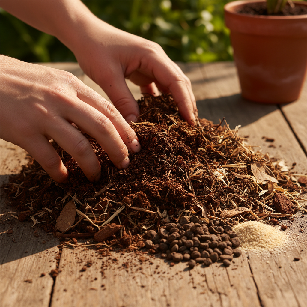 The right organic amendments transform tough Utah clay into a thriving growing medium. Composted soil and organic mulch materials arranged together for sustainable gardening.