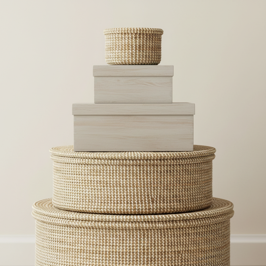 Natural storage solutions offer durability and style for organizing everyday essentials. Neatly stacked woven baskets and wooden storage boxes arranged in an organized formation.