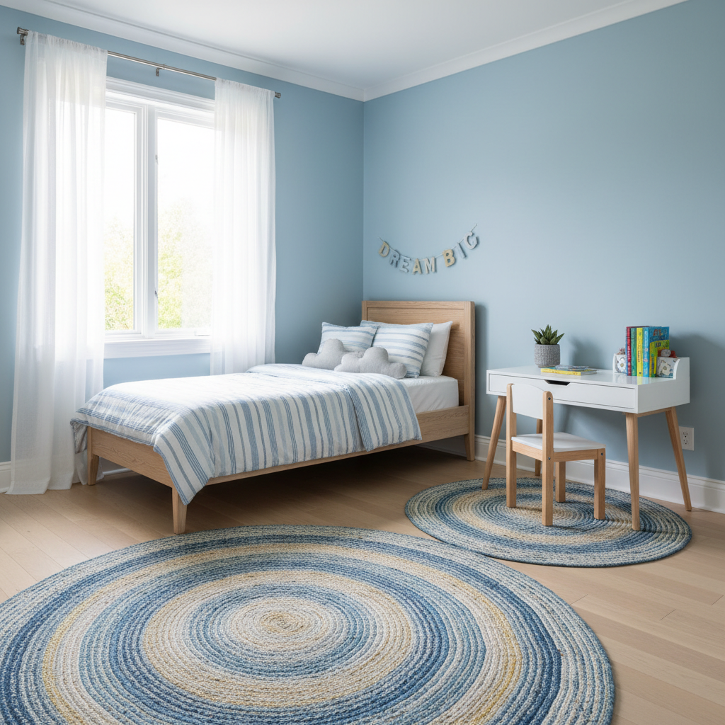 Small bedrooms and large living areas contribute differently to the overall square foot cost. A child's bedroom with fresh light blue paint and crisp white trim, showing high-quality interior finish.