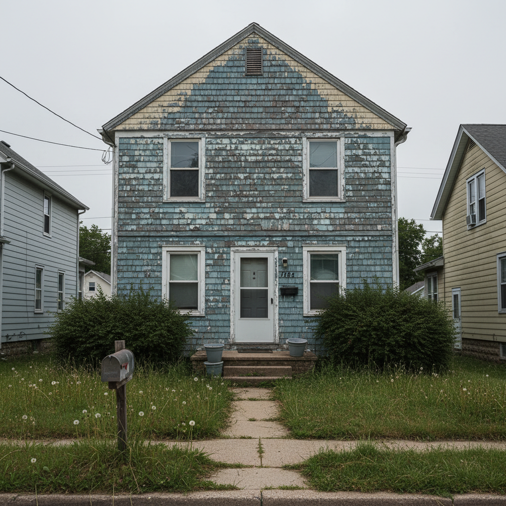 Repairs and maintenance can become major points of contention between divorcing spouses. A suburban house in New Jersey with weathered paint and overgrown yard needing repairs before a traditional sale.