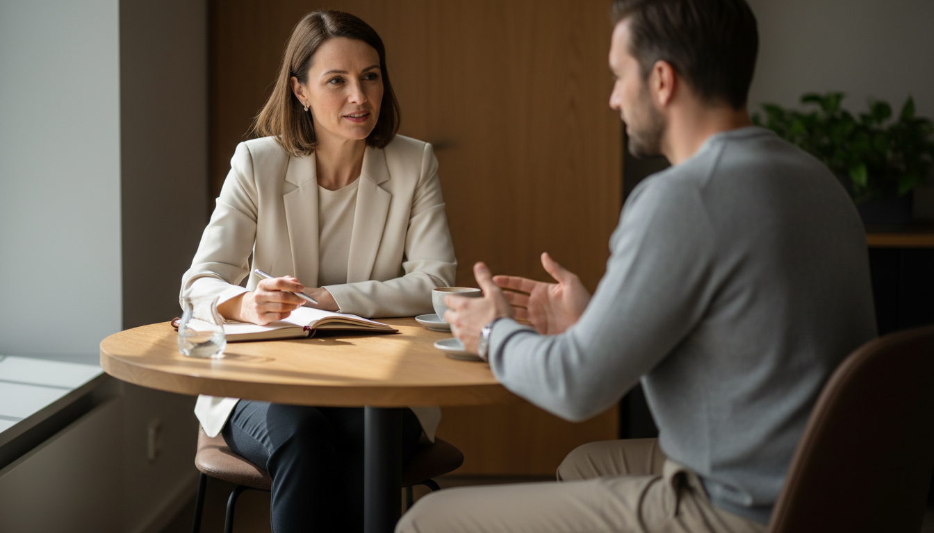 The first 1:1 should focus more on active listening than establishing authority. Two professionals in a deep, active listening conversation across a small table.
