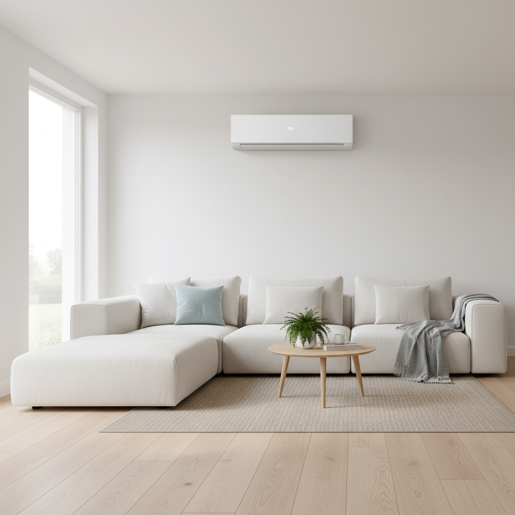Air conditioning units can be integrated seamlessly into the interior of Zaanse homes. A minimalist living room in a Dutch home with a discreet white air conditioning unit mounted high on the wall.