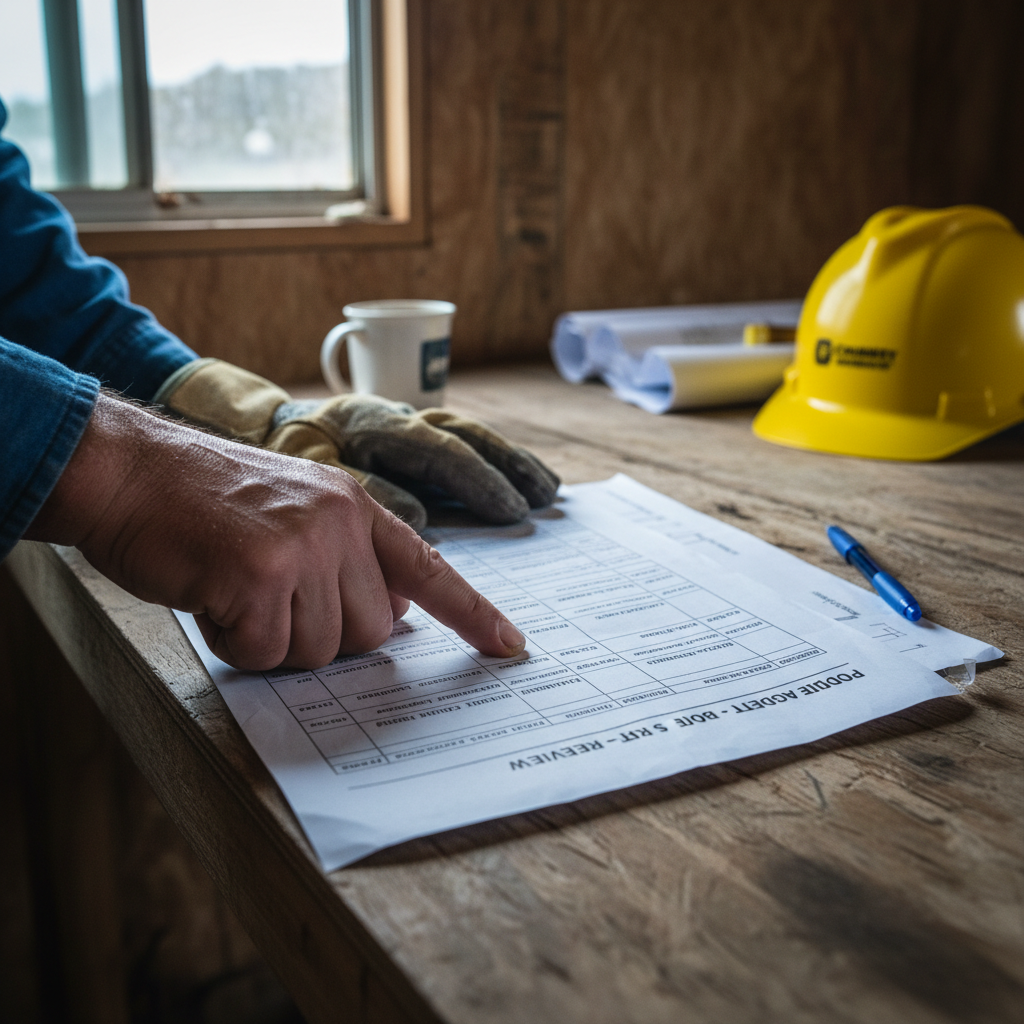 Budgeting for energy upgrades requires understanding the specific needs of your home's square footage. A contractor reviewing a project budget and line items on a clipboard at a job site.