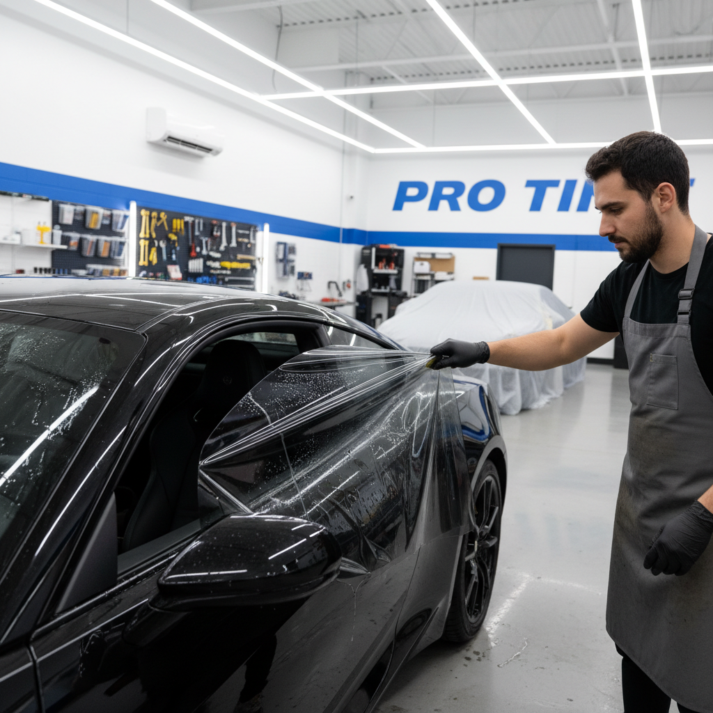 Professional tinting ensures your vehicle stays cool while remaining within Texas legal limits. Professional window tinting film being carefully applied to a vehicle window in an automotive service bay.