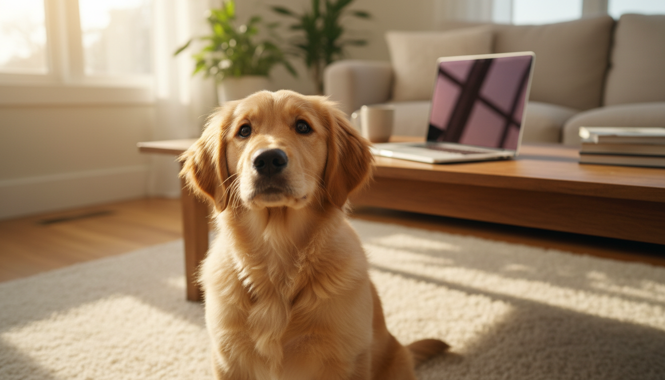 Early weeks at home are the best time to build a bond through focused training. A golden retriever puppy sitting attentively on a rug in a sunlit living room, looking toward the camera.
