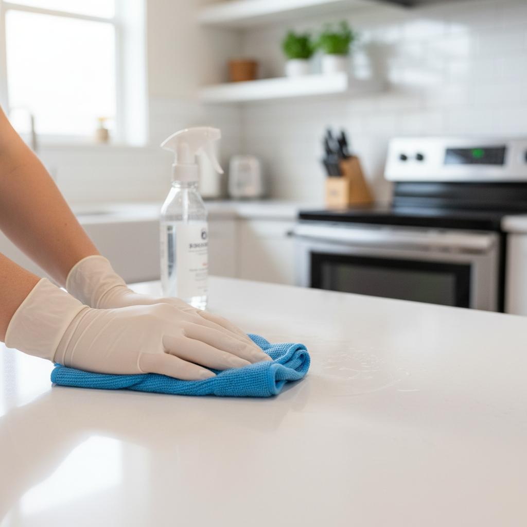 Weekly cleaning ensures high-traffic areas like kitchens stay sanitized and sparkling. Close up of gloved hands wiping down a modern kitchen counter with a microfiber cloth and spray bottle.
