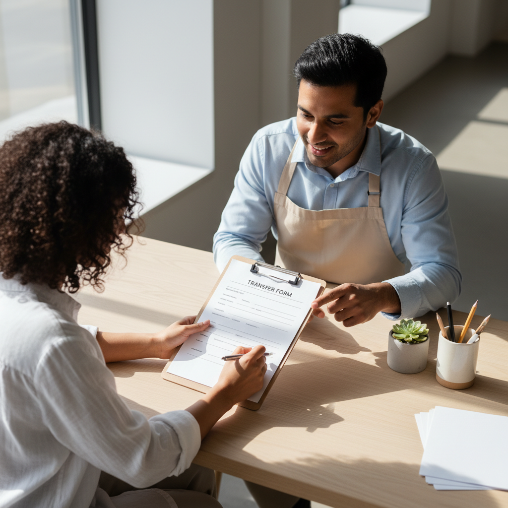 Personal guidance at every step: staff assist with paperwork and partner network selection. Staff member assisting a customer filling out a money transfer form at the counter in Berlin