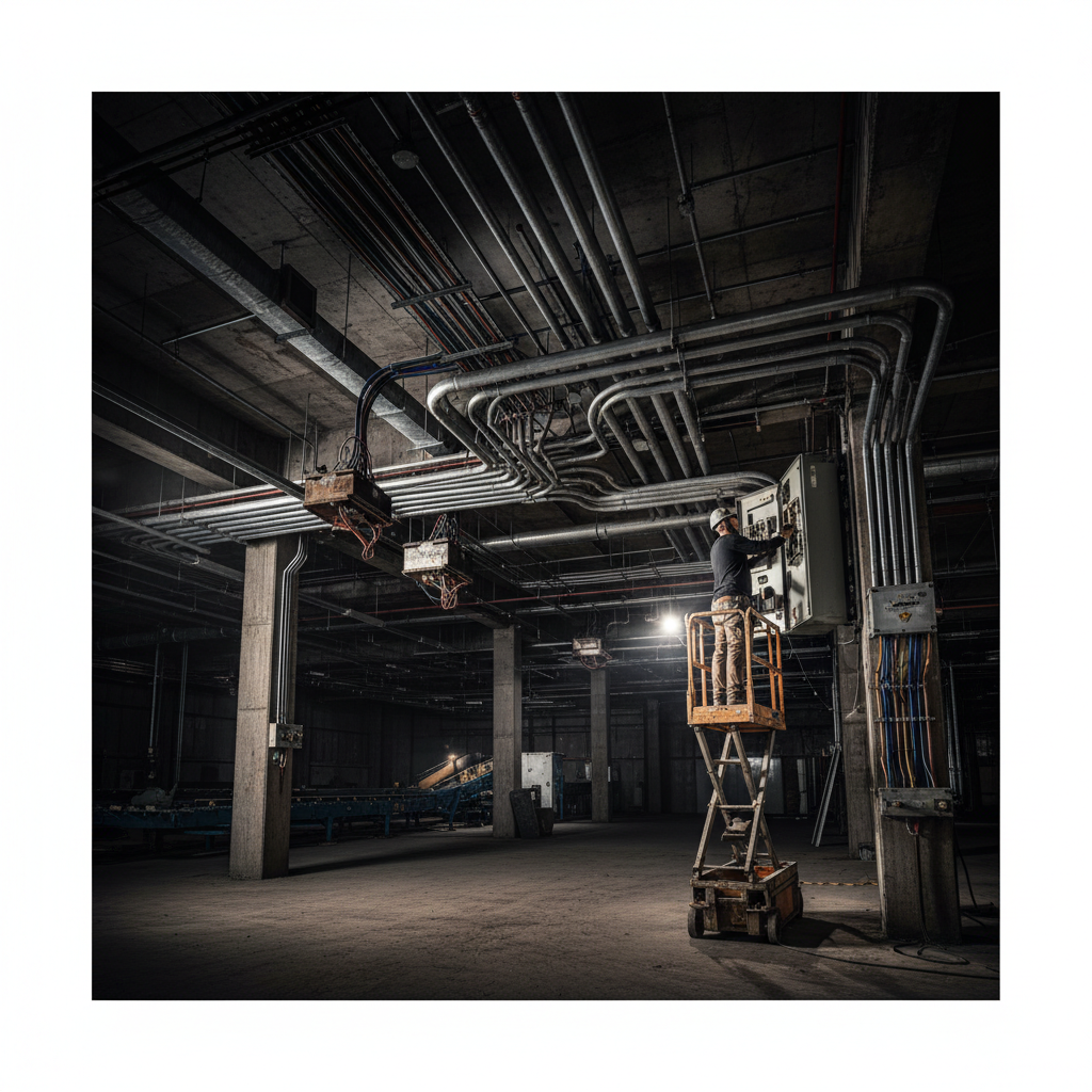 Professional commercial installations require precise conduit routing to ensure long-term safety and accessibility. Detailed industrial electrical installation featuring complex conduit runs and junction boxes in a commercial interior.